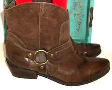 Franco Sarto Brown Leather Above- Ankle Chunky Heel Harness Boots 10M