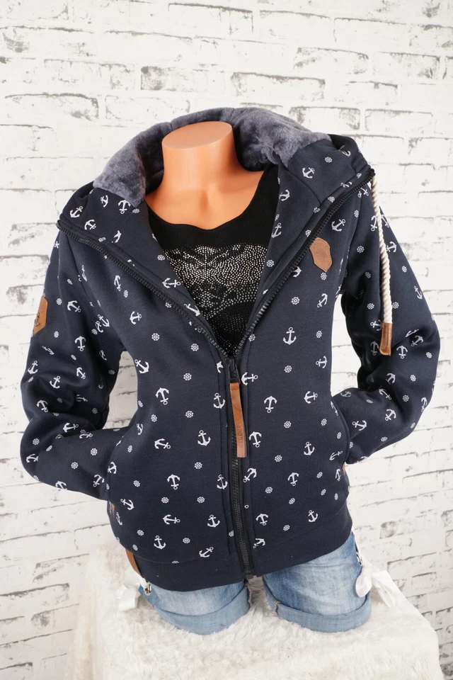 Damen Sweat Jacke Hoodie Kapuze dick gefüttert Teddyfell Futter Anker M - 3XL - Bild 3 von 4