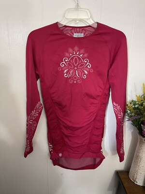 Athleta M Dark Pink & White Tattoo Long Sleeve Stretchy Knit Top EUC