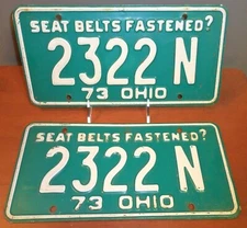 Vintage 1973 OHIO, OH, Match Pair License Plates, 2322 N, SEAT BELTS FASTENED?