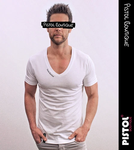 Pistol Boutique Men's White Fitted Plain Blank Deep V-Neck Logo Print T-shirt