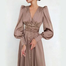 1940S Women Solid Faux Silk Buttoned Tea Dress Long Sleeve Dress 2022 New
