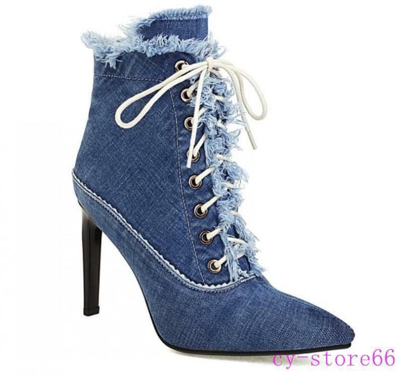 Women's Lace up Zipper Denim Jeans Ankle Boots High Heels