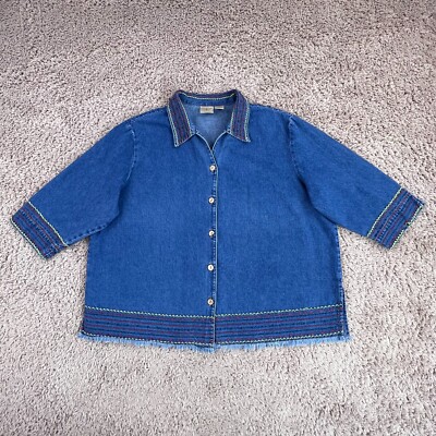 MOUNTAIN LAKE CASUALS VTG Denim 3/4-Sleeve Collared Button-Up Blouse Womens 1XWP