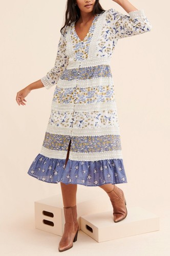 Anthropologie Roberta Midi Dress Floral Prairie Boho Cottagecore Blue White 8