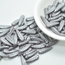 5x17mm Bird Feather Drop 25 beads Amethyst , Silver Wash Czech Glass