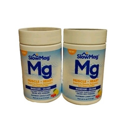 Lot Of 2 SlowMag Mg 4 OZ. Muscle & Heart Drink Mix Powder Raspberry Lemon 