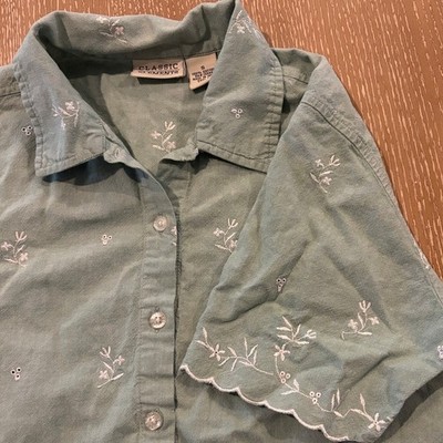 Classic Elements Petite S Sage Green CottageCore Floral Emroidered Praire Blouse