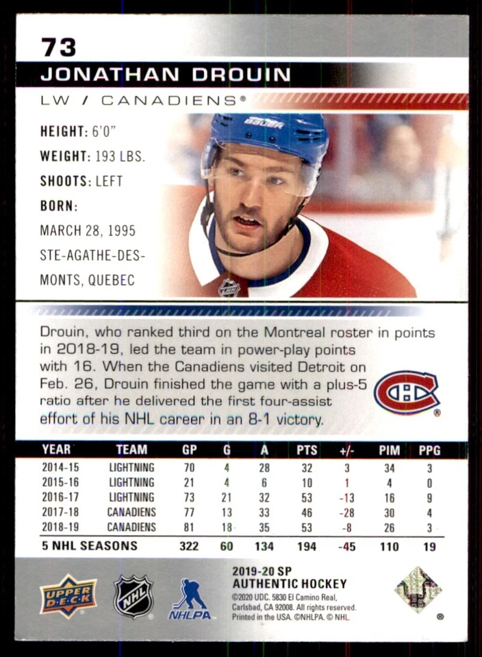2019-20 SP Authentic Jonathan Drouin #73 - Image 2 of 2