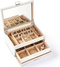 Vee Jewelry Box with Lid Organizer Big Mirror 2 Layer Storage PU Leather White