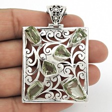 925 Solid Silver Green Amethyst Gemstone Bezel Trendy Sister Anniversary Pendant