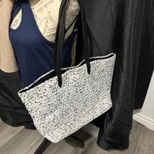 Naghedi  Medium  Woven Neoprene Tote Bag Black and White Specked