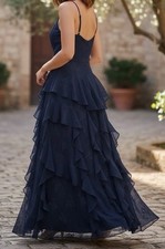 Navy Blue Ruffled Tiered Lace Maxi Gown Dress Spaghetti Sleeve Lined NWTS Prom