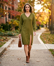 forever 21 green v-neck long sleeve knit sweater dress slit Midi-length length L