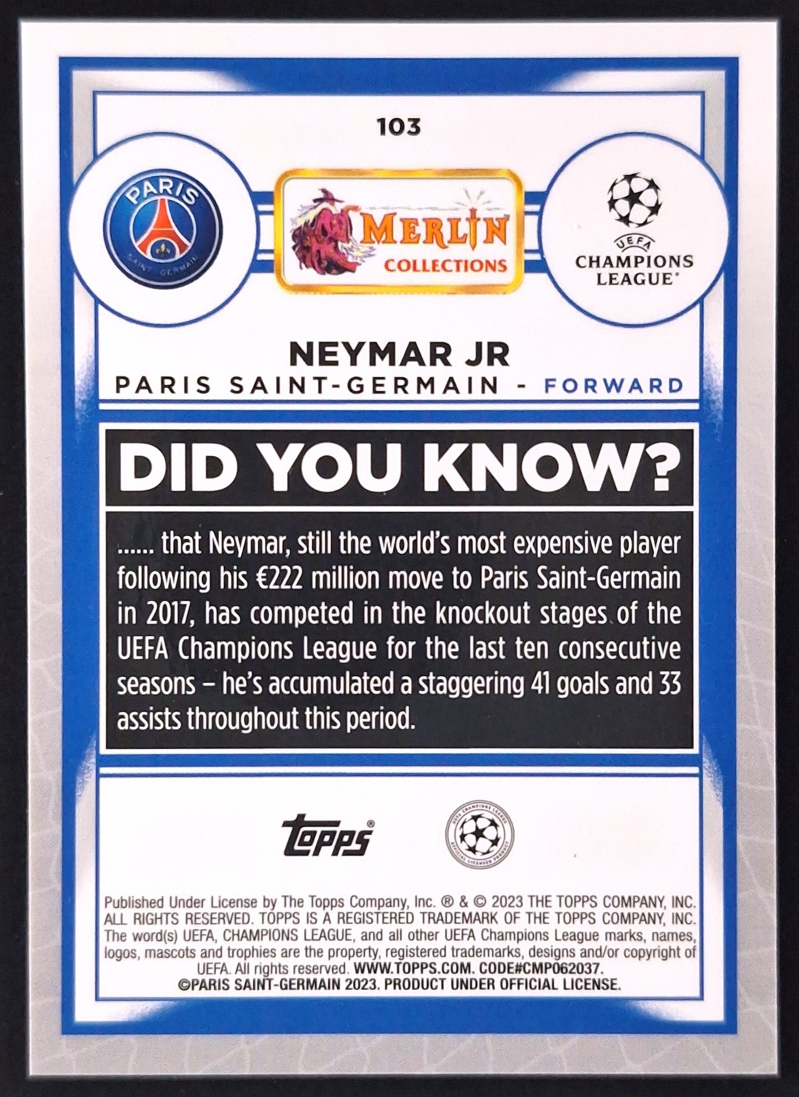 2022-23 Topps Merlin Chrome UEFA NEYMAR JR 7/199 Aqua Refractor PSG #103 view 2