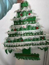 Vintage Christmas Tree Wall Hanging 60-70s Tapestry Woven Macrame Pom Pom BOHO L