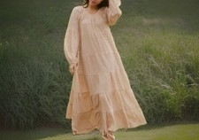 Dôen Size Medium Caraway Embroidered Scoop Neck L/S Tier Maxi Dress Toast ‼️READ