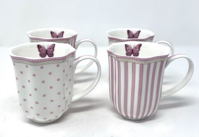 Grace Teaware Butterfly White, Pink & Gold Polka Dot & Striped Mugs Set Of 4 NEW