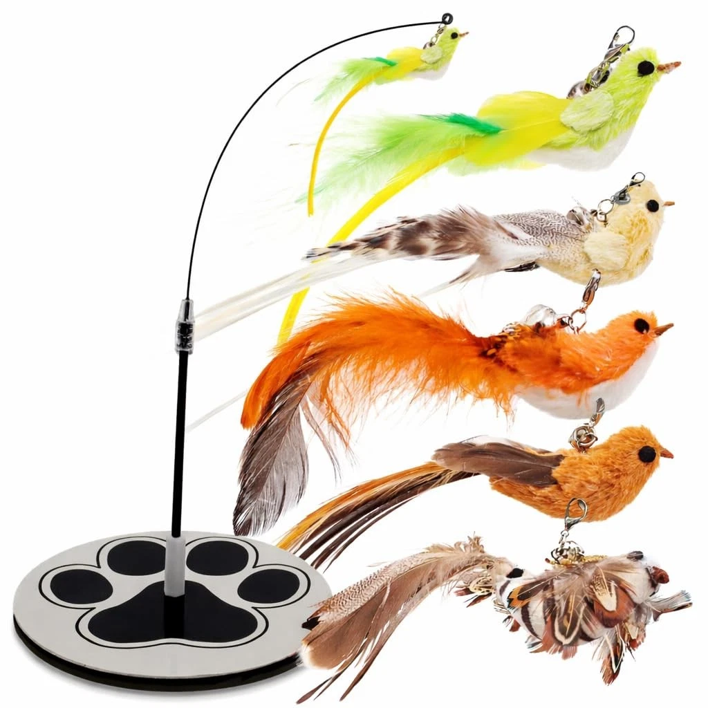 Bird Toy for Cats - 5 Pack Natural Feathers Stable Round Base - Interactive W...