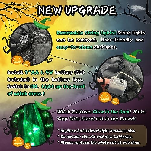 Green - Poshetion Witch Costumes Light Up Halloween Witch Dress Witch Broom Hat View 2