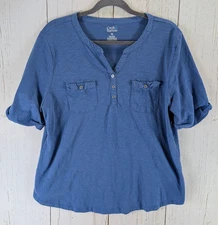 Croft Barrow Size XXL Blue Split V Neck Short Sleeve Pocket Womens Top
