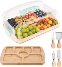Charcuterie Board with Clear Taller Lid, Travel Bamboo Cheese Boards with 7 Comp