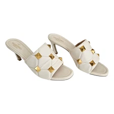 Valentino Garavani Roman Stud Heel Sandal Mule Size 41 US 11 White Ivory Leather