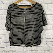 Max Studio Top Women's Large Short Sleeve Boxy Stretch Geometric Print Black Tan
