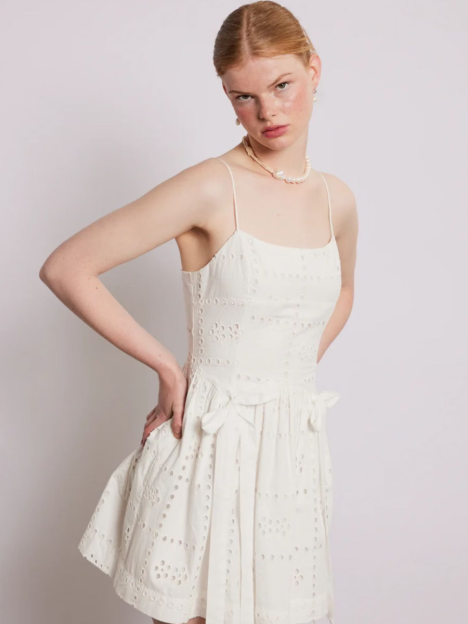 Damson Madder Penelope Broderie Mini Dress Eyelet Bow Detail White