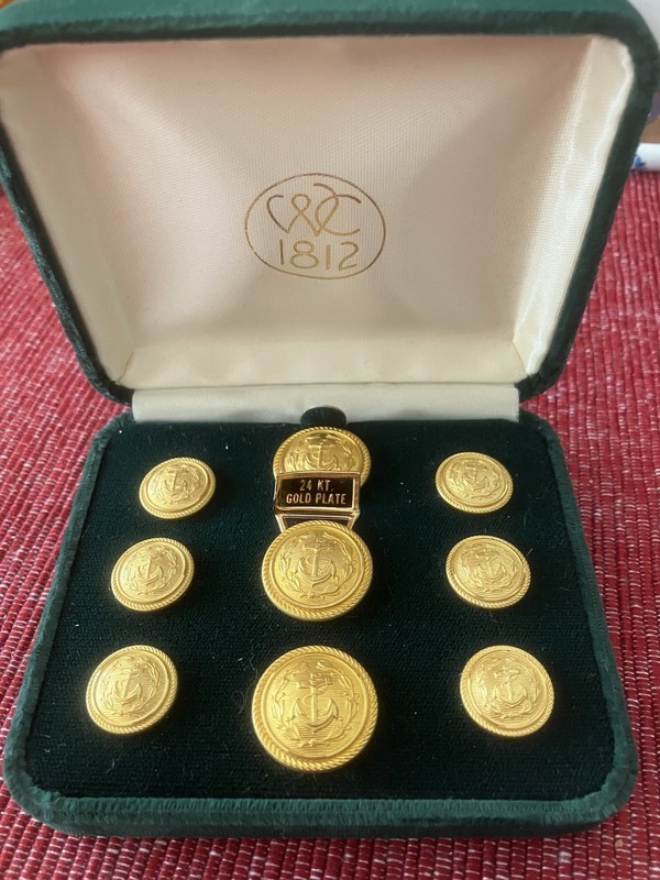 NEW Vintage Nautical Anchor WC 1812 Set of 9 24k Gold Plated Shank Buttons BOX
