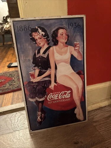 VTG 1993 Coca-Cola 50th Anniversary Metal Sign 1886 to 1936 Replica 16" X 9.25"