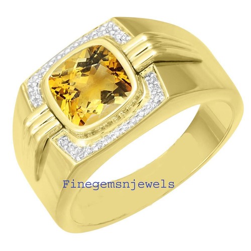 Natural Citrine & CZ Gemstones 925 Sterling Silver Gold Plated Men's Ring #F389
