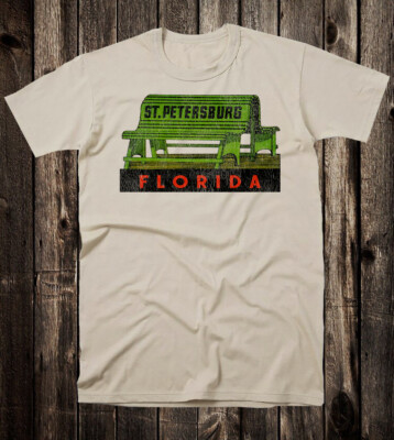Retro Travel Tee T Shirt Vtg Art State Florida Saint Petersburg Green Bench