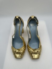 FRANCES VALENTINE RETRO PUMP GOLD LEATHER BLOCK HEEL TWIST SANDAL WOMEN SZ 7.5