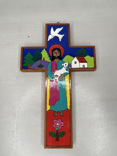 Jesus Christ Holding White Lamb Cross Crucifix White Dove Wood Wall Hanging - Picture 2 of 3