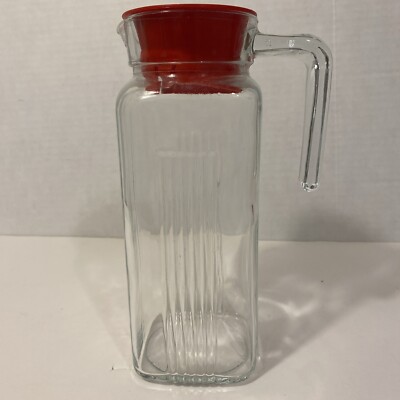 Vintage Pasabahce Square Ribbed Glass Pitcher with Red Push in Lid 9'' Tall