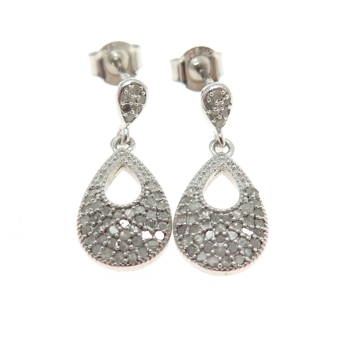 925 Sterling Silver Real Round-Cut Diamond Teardrop Dangling