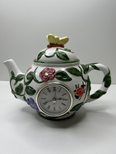 Butterfly Ladybug & Flowers Style-Eyes by Baum Bros Teapot & Clock TESTED WORKS