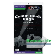 BCW Regular / Silver Comic Book Bags Resealable Protectors 2 Mil 100 Poly Holder