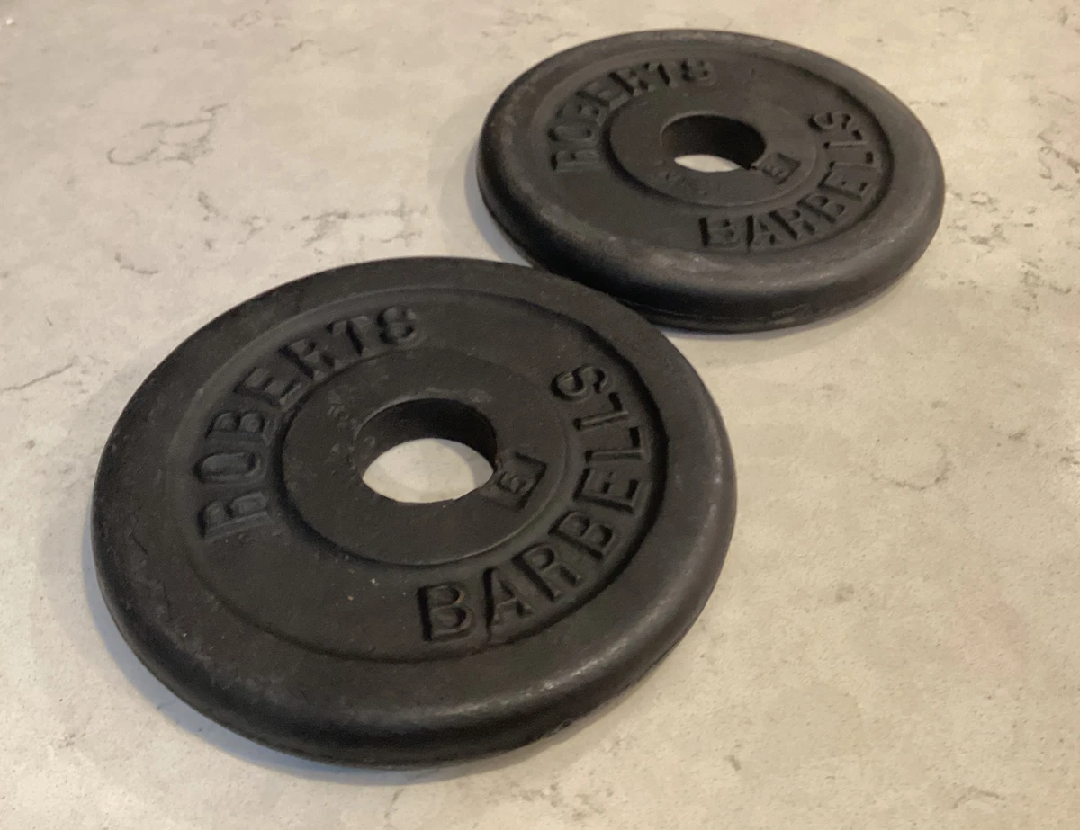 2 Vintage ROBERTS BARBELL PLATES 5 Lb Standard Weights Dumbbell