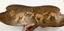 Hand marquetry & etched decorative wood inlay Elephants wall Art hanging 19"x 6"