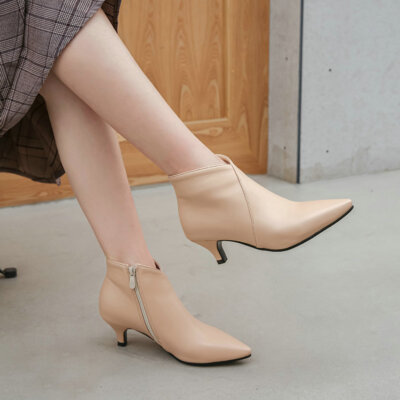 Women Pointed Stiletto Leather Kitten Heel Ankle Boots Pump Shoes Side Zipper
