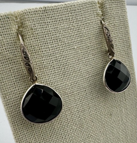 925 Sterling Silver Faceted Black Onyx Dangle Drop Earrings - Picture 2 of 4