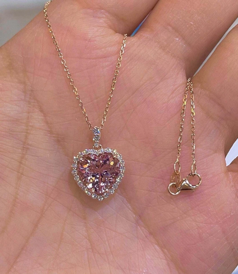 2Ct Heart Cut Morganite Promise Halo Pendant 14K Rose Gold Finish Free Chain - Image 3 of 4