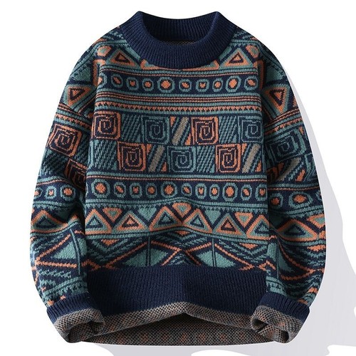 Men's Warm Crewneck Sweater Cotton Blend Tribal Geometric Pattern Fall Winter