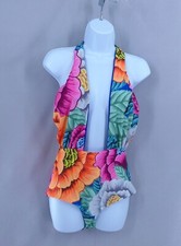 Mara Hoffman Large One Piece Cross Front Halter Reversible Swimsuit Flora Blue