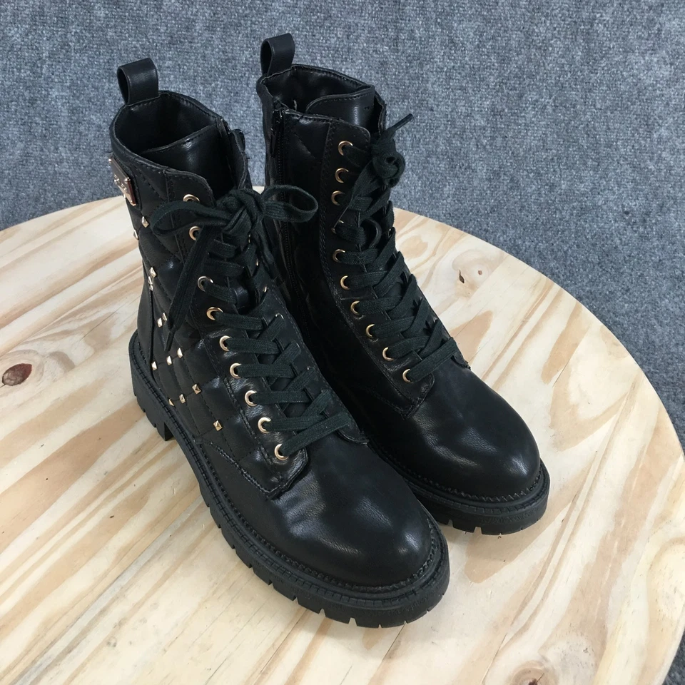 Женские сапоги Bebe 7,5 Dorienne Combat черные стеганые с заклепками сбоку на молнии ZG20028 - Изображение 3 из 4