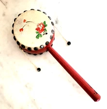 Vintage Den-Den Daiko Japanese Spin Drum Toy Karate Kid Hand Instrument Kids 