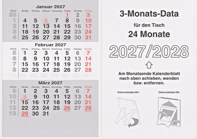 Ersatzkalendarium für 3 Monatskalender 2027 - 2028 / Ersatzblätter Tischkalender