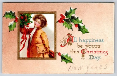 Clapsaddle Christmas~Gold Framed Regency Boy~Icy Holly~c1910 Vintage Postcard